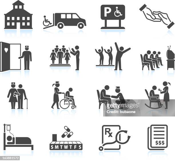 nursing home and daycare adult care senior living icon set - paraplegic stock illustrations