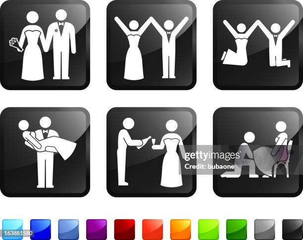 bride and groom on wedding day vector icon set stickers - groomsmen stock illustrations