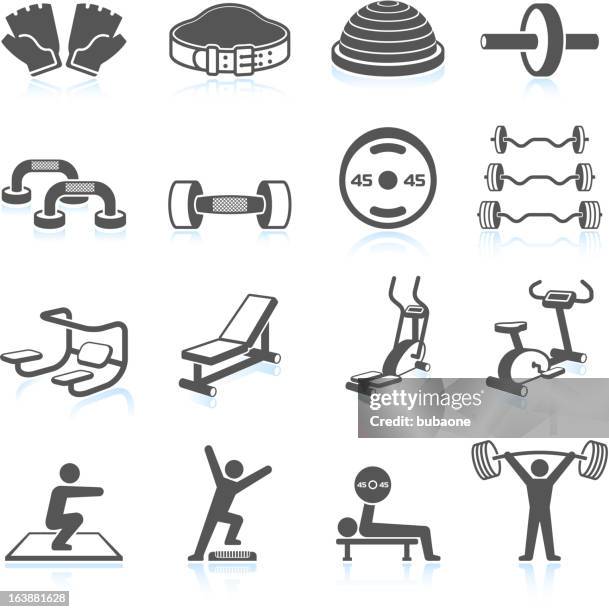 gym workout and weight lifting black & white icon set - circuit training stock illustrations