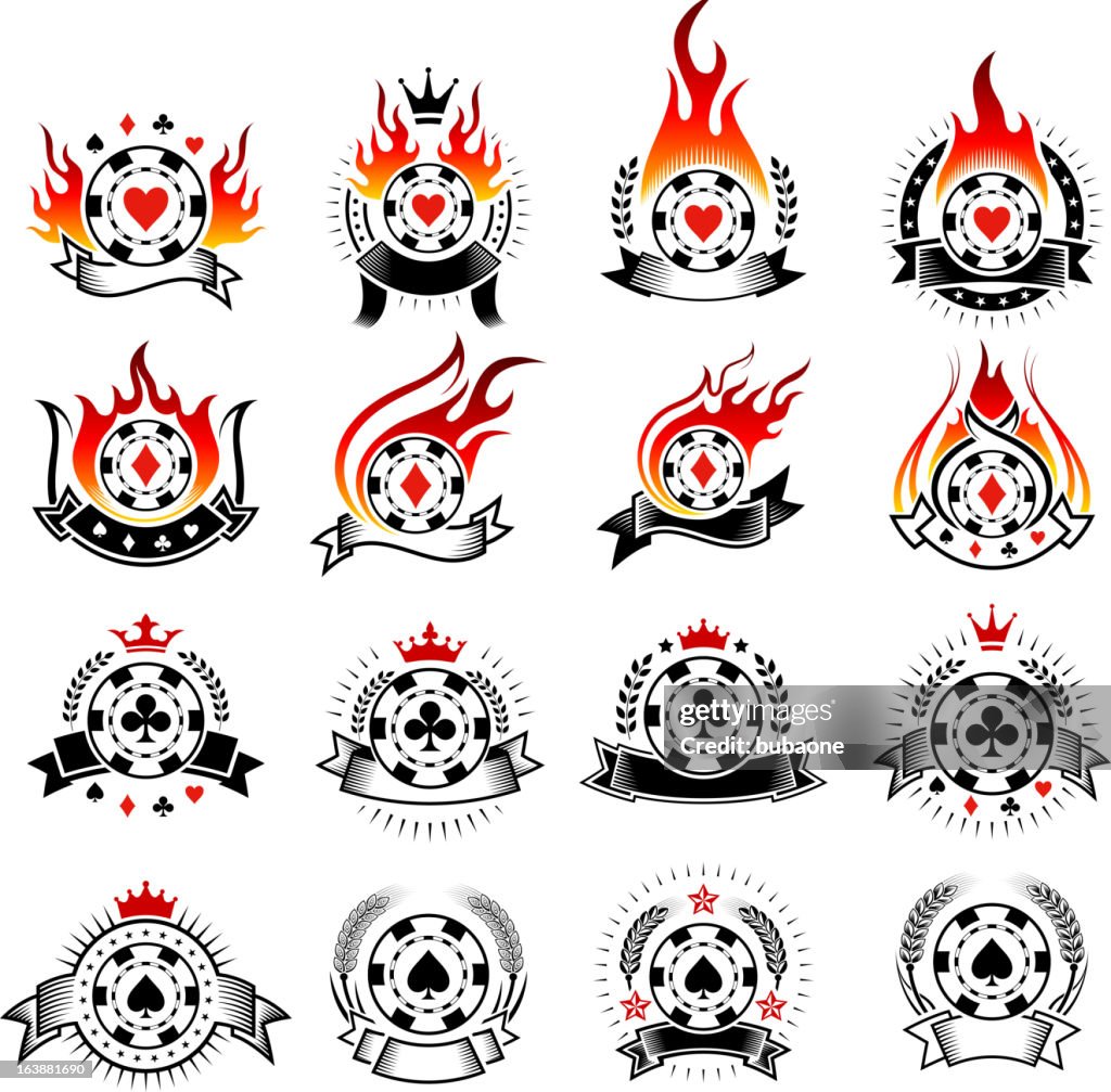 Poker Chip Badges with Fire black and white icon set