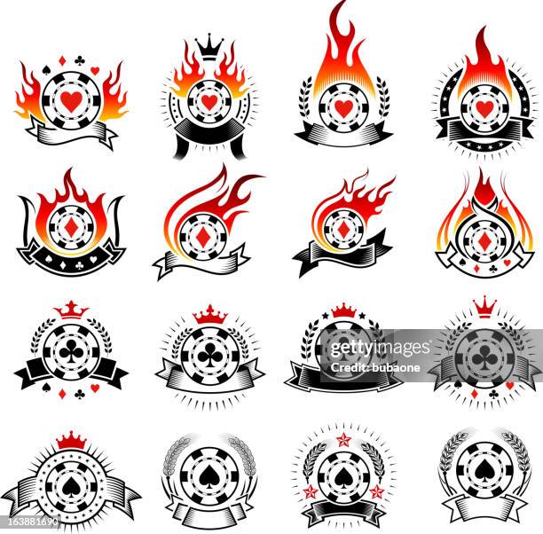 poker chip badges with fire black and white icon set - queen royal person 幅插畫檔、美工圖案、卡通及圖標