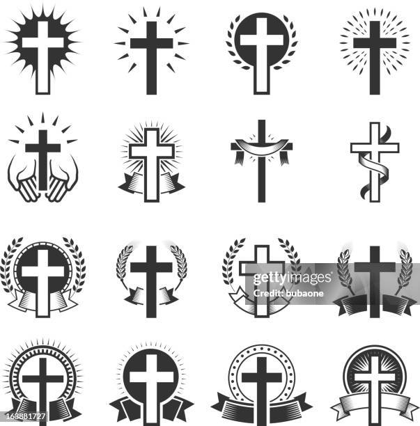 christian cross schwarz und weiß lizenzfreie vektor icon-set - methodist cross stock-grafiken, -clipart, -cartoons und -symbole