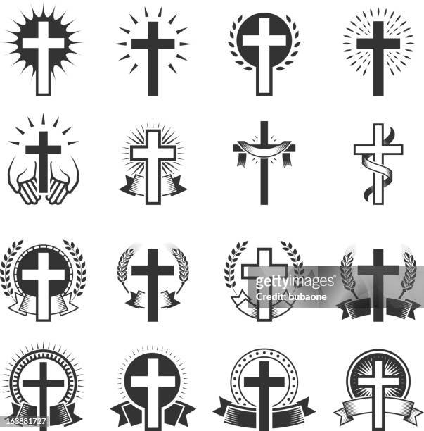 illustrations, cliparts, dessins animés et icônes de christian cross noir et blanc ensemble d'icônes vectorielles libres de droits - catholique