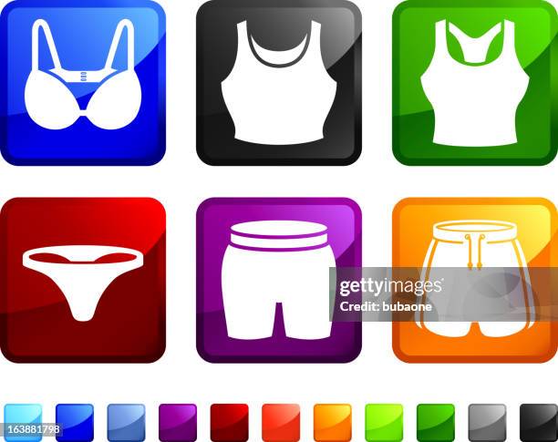 ilustrações, clipart, desenhos animados e ícones de women's underwear e lazer de roupas de vetor adesivos conjunto de ícones - sutiã para esportes