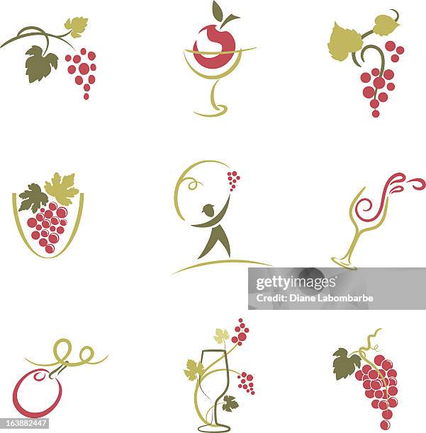 illustrations, cliparts, dessins animés et icônes de ensemble de neuf croquis de grapevine et de vins icônes illustration éléments - plante grimpante et vigne