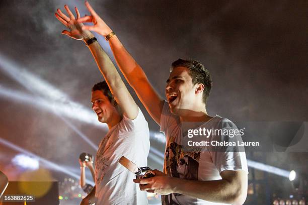 DJs Wardt van der Harst aka Re-Ward and Willem van Hanegem of W&W perform at Insomniac's "Beyond Wonderland" electronic dance music festival at San...