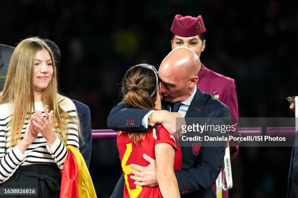 President of the Royal Spanish Football Federation Luis Rubiales kisses Aitana Bonmatí of Spain during the ceremony after the FIFA Women's World Cup...