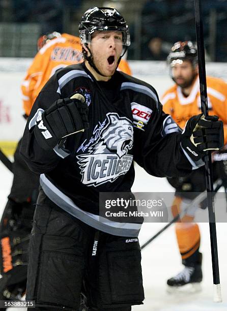 Yan Stastny of Nuremberg celebrates after scoring his team's second goal during game three of the DEL pre-play-offs between Thomas Sabo Ice Tigers...