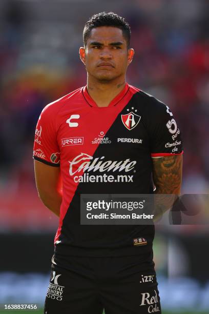 Anderson Santamaria of Atlas looks on during the 6th round match between Atlas v Toluca as part of Torneo Apertura 2023 Liga MX at Jalisco Stadium on...