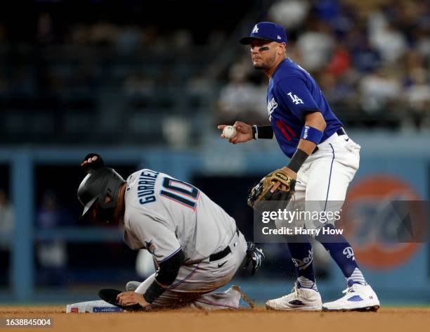 Miguel Rojas of the Los Angeles Dodgers reacts to a force out of Yuli Gurriel of the Miami Marlins during a 3-1 win over the Miami Marlins at Dodger...