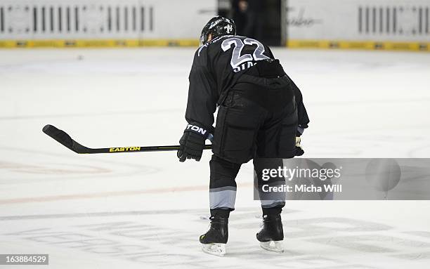 Yan Stastny of Nuremberg reacts after game three of the DEL pre-play-offs between Thomas Sabo Ice Tigers and Grizzly Adams Wolfsburg on March 17,...