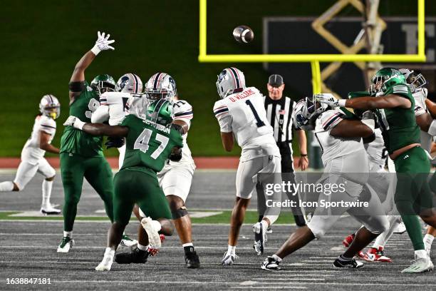 Howard Bison quarterback Quinton Williams throws downfield in the pocket during the game between the Eastern Michigan Eagles versus the Howard Bison...