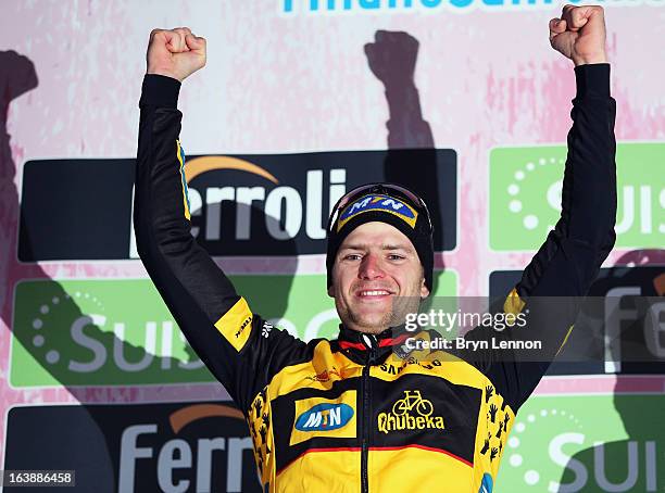 Gerald Ciolek of Germany and MTN Qhubeka stands on the podoium to celebrate winning the 2013 Milan - San Remo on March 17, 2013 in San Remo, Italy.