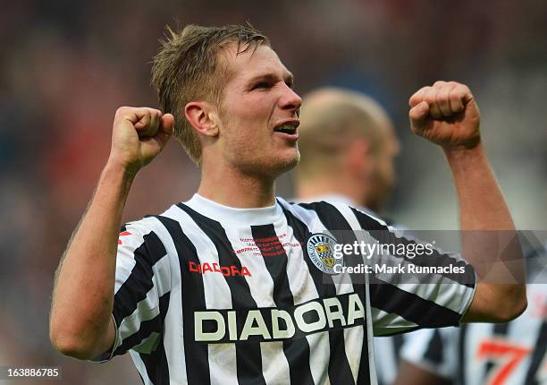 Mark McAusland of St Mirren celebrates after his side's triumph in the Scottish Communities League Cup Final between St Mirren and Hearts at Hampden...