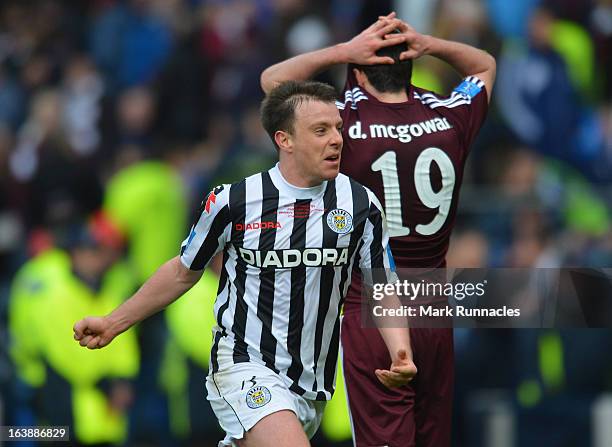 Paul McGowan of St Mirren celebrates after his side triumphs in the Scottish Communities League Cup Final between St Mirren and Hearts at Hampden...