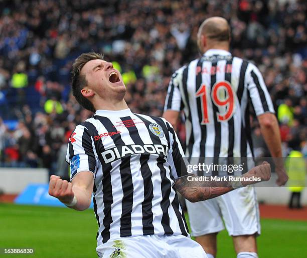 Graham Cary of St Mirren celebrates after his side triumphs in the Scottish Communities League Cup Final between St Mirren and Hearts at Hampden Park...