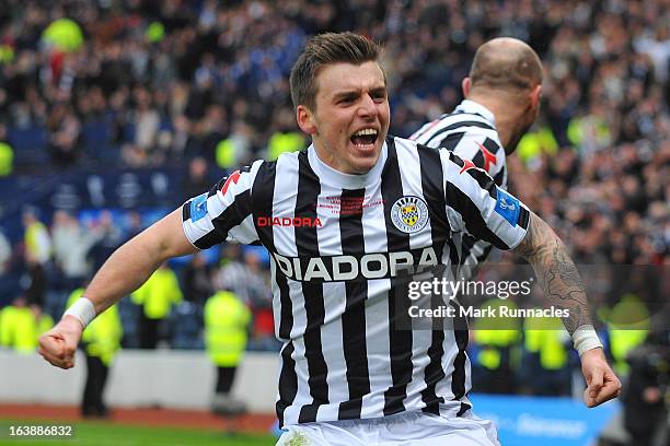 Graham Cary of St Mirren celebrates after his side triumphs in the Scottish Communities League Cup Final between St Mirren and Hearts at Hampden Park...