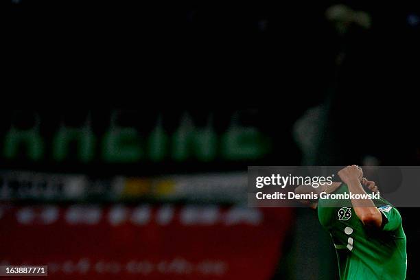 Sofian Chahed of Hannover reacts after the Bundesliga match between VfL Borussia Moenchengladbach and Hannover 96 at Borussia Park Stadium on March...