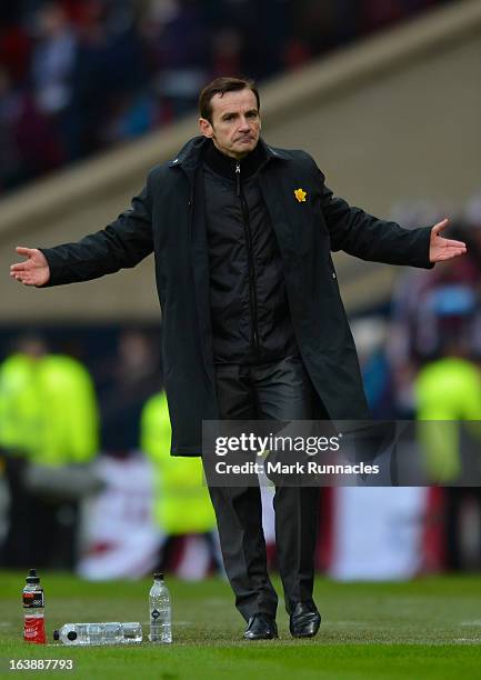 Danny Lennon of St Mirren urges his team on during the Scottish Communities League Cup Final between St Mirren and Hearts at Hampden Park on March...