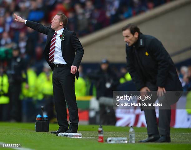Hearts manager Gary Locke urges his team on during the Scottish Communities League Cup Final between St Mirren and Hearts at Hampden Park on March...