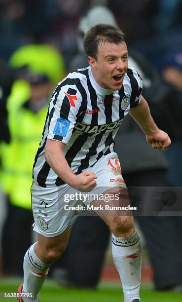 Paul McGowan of St Mirren celebrates after his side triumphs in the Scottish Communities League Cup Final between St Mirren and Hearts at Hampden...