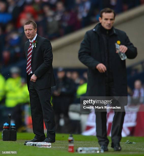 Hearts manager Gary Locke urges his team on during the Scottish Communities League Cup Final between St Mirren and Hearts at Hampden Park on March...