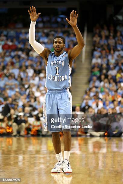 Dexter Strickland of the North Carolina Tar Heels reacts against the Miami Hurricanes during the final of the Men's ACC Basketball Tournament at...