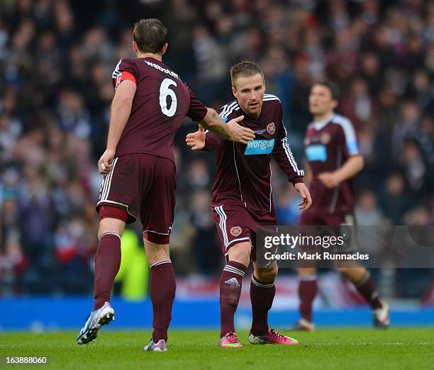 Ryan Stevenson of Hearts celebrating his second goal with Andy Webster during the Scottish Communities League Cup Final between St Mirren and Hearts...