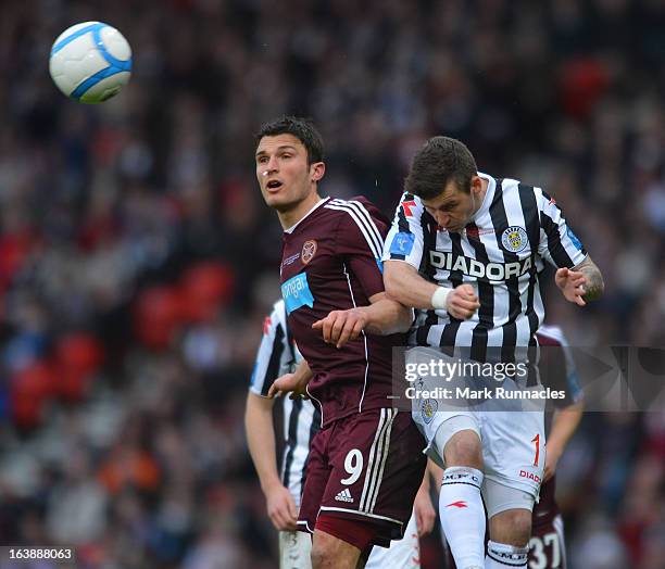 Graham Carey of St Mirren and John Sutton of Hearts challenge during the Scottish Communities League Cup Final between St Mirren and Hearts at...