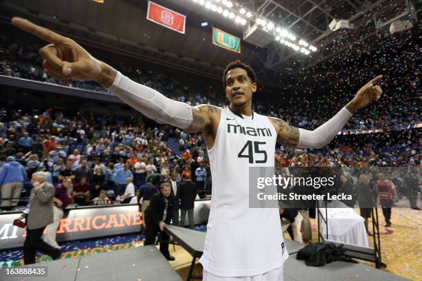 Julian Gamble of the Miami Hurricanes celebrates after they won 87-77 against the North Carolina Tar Heels during the final of the Men's ACC...