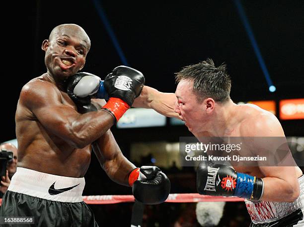 Ruslan Provodnikov, of Russia, lands a punch into the head of WBO welterweight champion Timothy Bradley during the third ninth of the WBO...