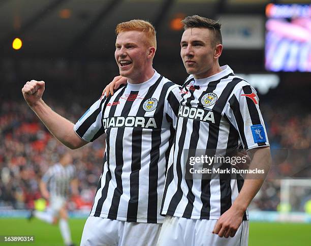 Conner Newton and Paul Dummet of St Mirren celebrate winning the Scottish Communities League Cup Final between St Mirren and Hearts at Hampden Park...