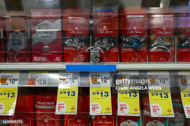 Locked up deodorant to prevent shoplifting are seen at a Duane Reade drugstore and pharmacy on August 24, 2023 in New York City. Major retailers...