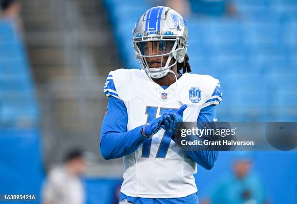 Teddy Bridgewater of the Detroit Lions warms up during a preseason game against the Carolina Panthers at Bank of America Stadium on August 25, 2023...