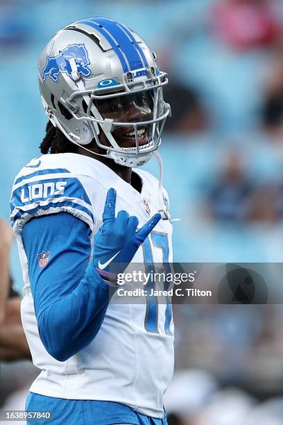 Teddy Bridgewater of the Detroit Lions warms up prior to a preseason game against the Carolina Panthers at Bank of America Stadium on August 25, 2023...