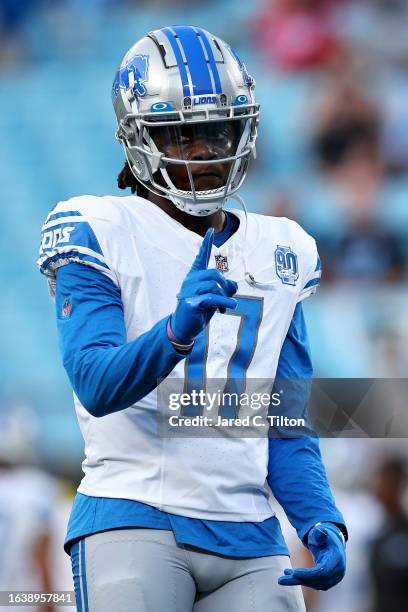 Teddy Bridgewater of the Detroit Lions warms up prior to a preseason game against the Carolina Panthers at Bank of America Stadium on August 25, 2023...