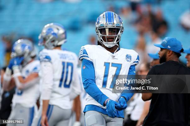 Teddy Bridgewater of the Detroit Lions warms up prior to a preseason game against the Carolina Panthers at Bank of America Stadium on August 25, 2023...