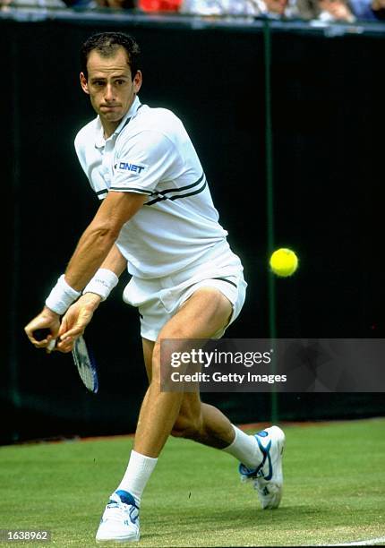 Guy Forget of France in action against Henri Leconte of France during Wimbledon in London, England. \ Mandatory Credit: Allsport UK /Allsport