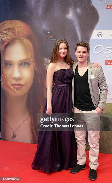 Actress Hanna Binke and Actor Marvin Linke pose on the red carpet for the premiere of the film "Ostwind" on March 17, 2013 in Frankfurt am Main,...