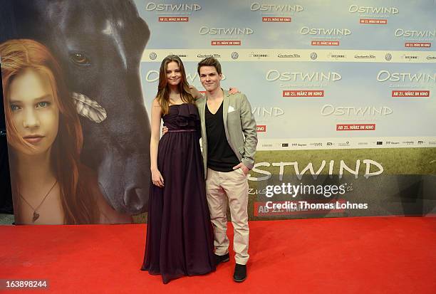 Actress Hanna Binke and Actor Marvin Linke pose on the red carpet for the premiere of the film "Ostwind" on March 17, 2013 in Frankfurt am Main,...