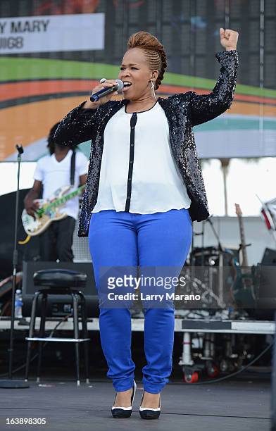 Tina Atkins-Campbell of Mary Mary performs at the 8th Annual Jazz in the Gardens Day 2 at Sun Life Stadium presented by the City of Miami Gardens on...
