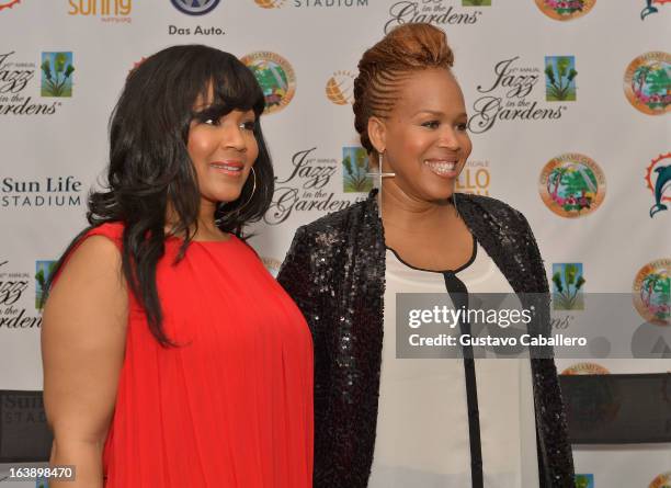 Erica Atkins-Campbell and Tina Atkins-Campbell of Mary Mary attend the 8th Annual Jazz in the Gardens Day 2 at Sun Life Stadium presented by the City...