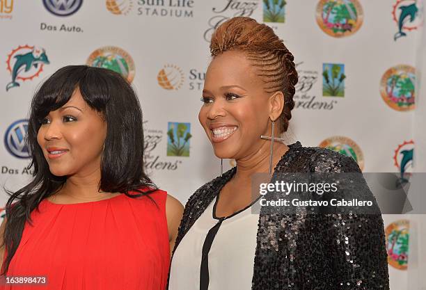 Erica Atkins-Campbell and Tina Atkins-Campbell of Mary Mary attend the 8th Annual Jazz in the Gardens Day 2 at Sun Life Stadium presented by the City...