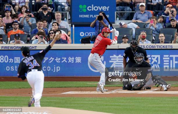 Shohei Ohtani of the Los Angeles Angels bats against Kodai Senga of the New York Mets during the first inning at Citi Field on August 25, 2023 in New...