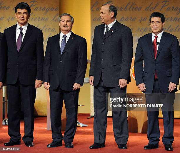 Paraguayan presidential candidates Efrain Alegre, of the Liberal Party; Miguel Carrizosa, of Patria Querida; Mario Ferreiro of Avanza Pais and...