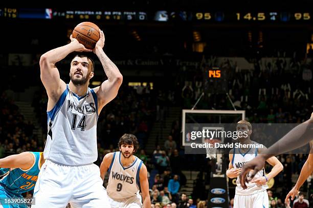 Nikola Pekovic of the Minnesota Timberwolves makes a go-ahead free-throw late in the fourth quarter against the New Orleans Hornets on March 17, 2013...