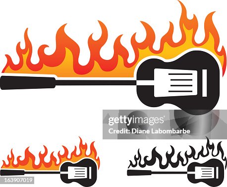 BBQ and Grill Icon with Spatula and Flames Over Guitar BBQ and Grill Icon with Spatula and Flames Over Guitar