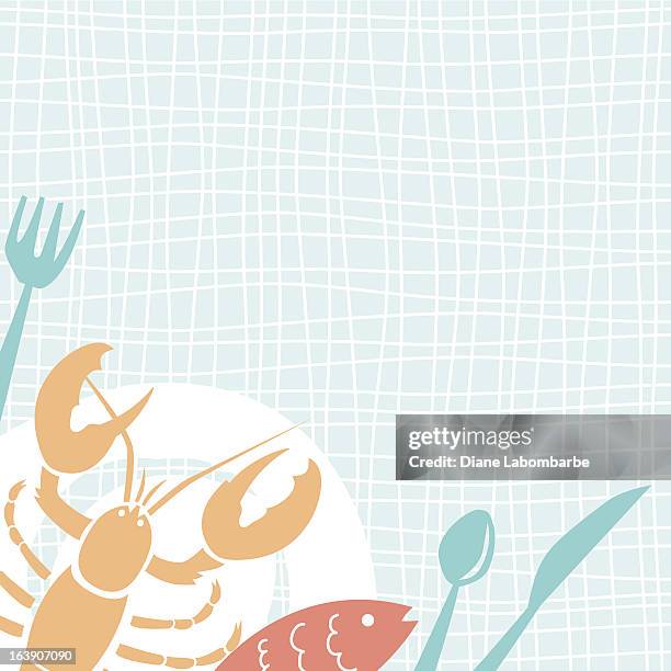cute cartoon seafood dinner plate background - seafood plate stock illustrations
