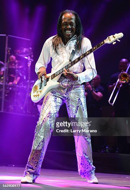 Verdine White of Earth, Wind & Fire performs at the 8th Annual Jazz in the Gardens Day 2 at Sun Life Stadium presented by the City of Miami Gardens...