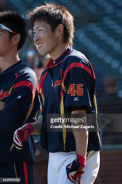 Yuichi Honda of Team Japan is seen during batting practice before the semi-final game against Team Puerto Rico in the championship round of the 2013...